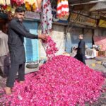 A vendor displaying flowers at temporary stall near I-9 graveyard as a large number of people visit graveyards on Eidul Fitr to offer Fateha on graves of their family members.