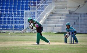 Players in action during cricket match played between Multan Women Cricket and Karachi Women Cricket teams during National Women's One Day Cricket Tournament 2024 at Iqbal Stadium.