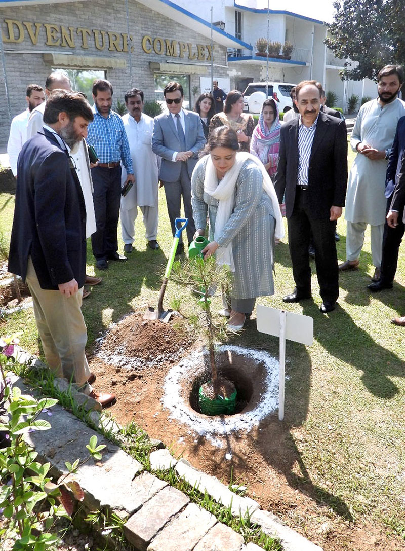 PM's Coordinator on Climate Change & Environmental Coordination Romina Khurshid Alam plants a sapling during her visit to Green Pakistan Office, Shakarparian.