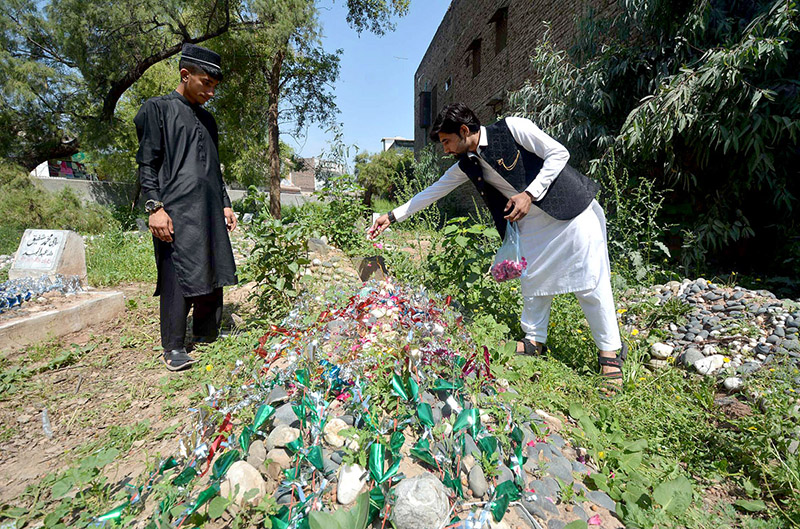 People showering flower petals on graves of their family member on the occasion of Eid ul Fitr.