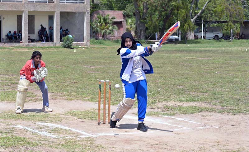 A view of cricket match played between Government Women College Farooq Colony and Iqra Girls College teams during Inter Girls Collegiate Cricket Tournament organized by Education Board Sargodha