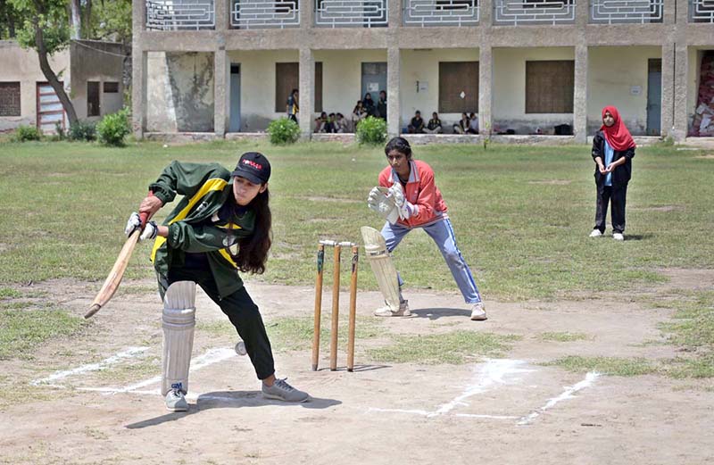 A view of cricket match played between Government Women College Farooq Colony and Iqra Girls College teams during Inter Girls Collegiate Cricket Tournament organized by Education Board Sargodha