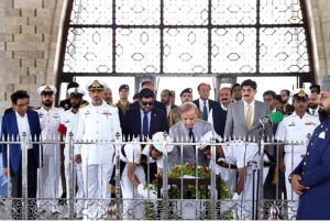 Prime Minister Muhammad Shehbaz Sharif lays down a floral wreath at the Mausoleum of Quaid-e-Azam Muhammad Ali Jinnah during his visit to Karachi.