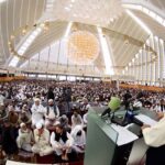 A religious scholar deliver Jumma Khutbah (sermon) at Faisal Masjid during Juma-tul-Wida, the last Friday of the holy month of Ramazan