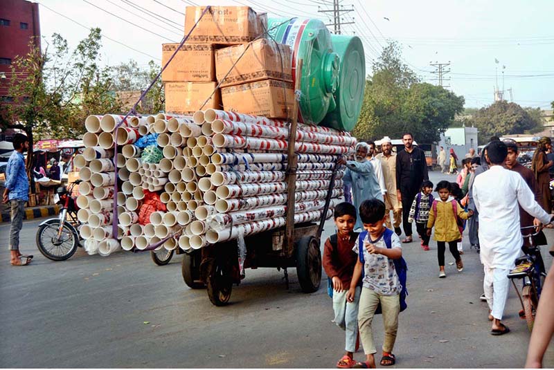 Labourers pushing hand cart heavily loaded with luggage to be delivered on different shops.