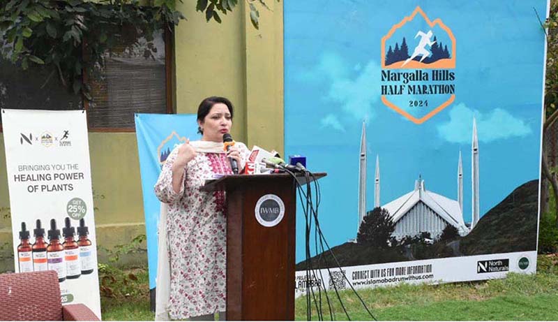 PM's coordinator on climate change & environmental coordination Romina Khurshid Alam addressing a closing ceremony of Margalla Hills Half Marathon, held at VIC trail 5 in Margalla Hills National Park