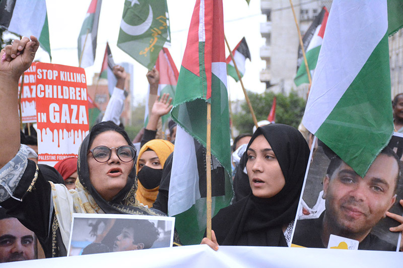 Palestine Foundation stages a protest demonstration against Israeli genocide in Gaza at Karachi Press Club.