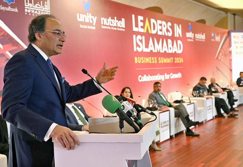 Federal Minister for Finance & Revenue Senator Muhammad Aurangzeb addressing during Leaders in Islamabad Business Summit 2024 collaborating for Growth.