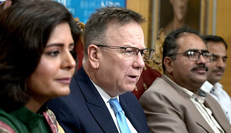 Ambassador of Poland in Pakistan Maciej Pisarski addressing a press conference at National Press Club. 