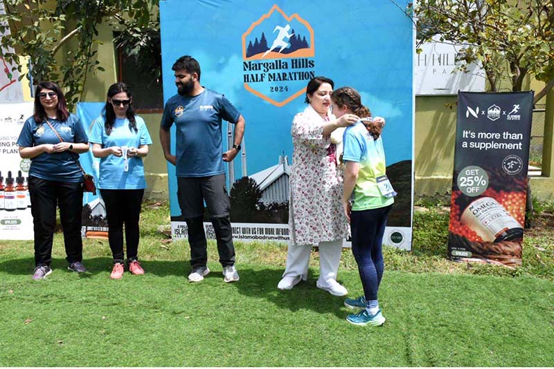 PM's coordinator on climate change & environmental coordination Romina Khurshid Alam addressing a closing ceremony of Margalla Hills Half Marathon, held at VIC trail 5 in Margalla Hills National Park