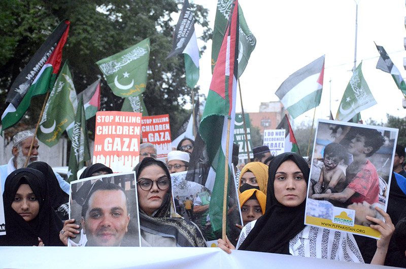 Palestine Foundation stages a protest demonstration against Israeli genocide in Gaza at Karachi Press Club.