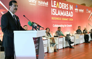 Chairman Senate Syed Yusuf Raza Gilani addressing during Leaders in Islamabad Business Summit 2024 collaborating for Growth.