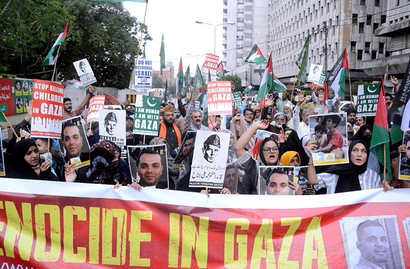 Palestine Foundation stages a protest demonstration against Israeli genocide in Gaza at Karachi Press Club.