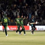 Pakistan team players celebrates after dismissal of New Zealand batter Tim Robinson during the 2nd T20 cricket match between Pakistan vs New Zealand at Pindi Cricket Stadium
