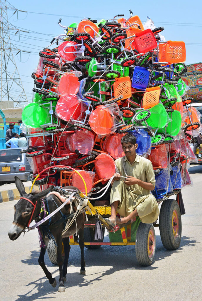 A donkey cart holder on the way loaded with children bicycle at Hatri Road to deliver in a local market.