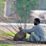 person preparing a basket with dry tree branches to sell for livelihood at his roadside.
