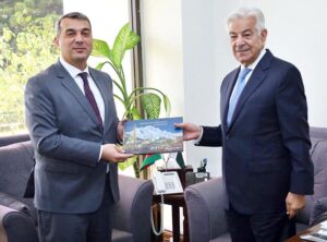 H.E. Khazar Farhadov, Ambassador of Azerbaija Azerbaijan called on Minister for Defence Khawaja Muhammad Asif.