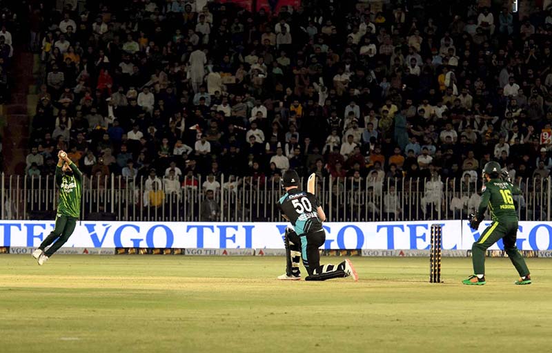 New Zealand batter Mark James Neesham caught out during the 2nd T20 cricket match between Pakistan vs New Zealand at Pindi Cricket Stadium