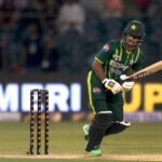 Pakistan’s batter Saim Ayub plays a shot during the fifth Twenty20 International cricket match between Pakistan and New Zealand at the Qaddafi cricket stadium.