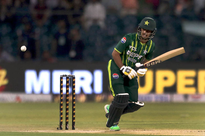 Pakistan’s batter Saim Ayub plays a shot during the fifth Twenty20 International cricket match between Pakistan and New Zealand at the Qaddafi cricket stadium.