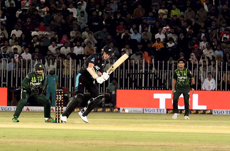 New Zealand batter Mark James Neesham caught out during the 2nd T20 cricket match between Pakistan vs New Zealand at Pindi Cricket Stadium