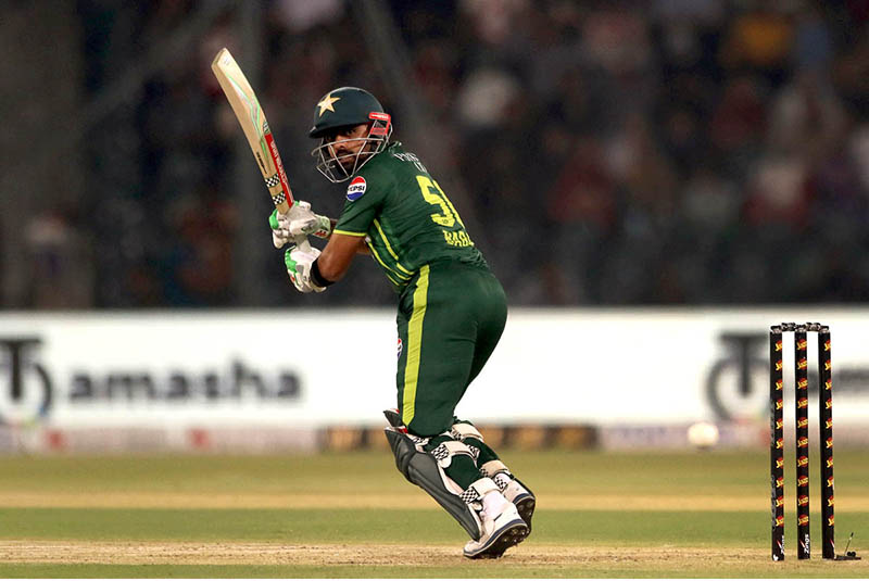 Pakistan’s batter Saim Ayub plays a shot during the fifth Twenty20 International cricket match between Pakistan and New Zealand at the Qaddafi cricket stadium.