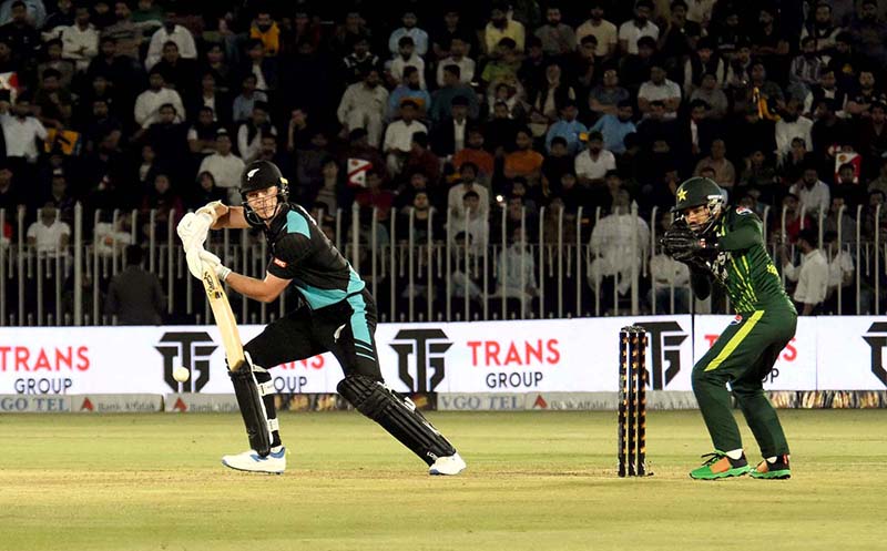 New Zealand batter Mark James Neesham caught out during the 2nd T20 cricket match between Pakistan vs New Zealand at Pindi Cricket Stadium