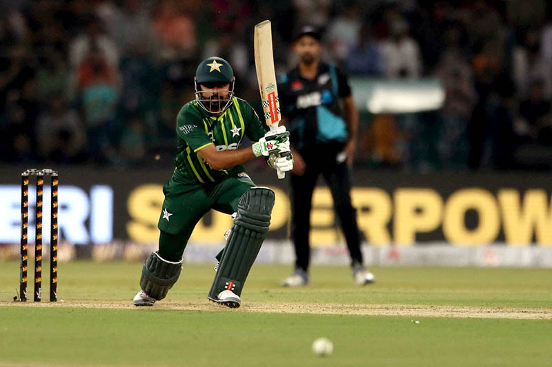 Pakistan’s batter Saim Ayub plays a shot during the fifth Twenty20 International cricket match between Pakistan and New Zealand at the Qaddafi cricket stadium.