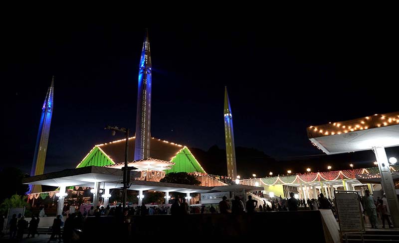 An illuminated view of Faisal Masjid decorated with colourful lights in connection with Shab-e-Qadar on 27th day of Holy fasting month of Ramzanul Mubarak