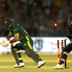 New Zealand Wicker keeper Trim Seifert try to stump the Pakistani batter Fakhar Zaman (not out) during the Fifth Twenty20 International cricket match between Pakistan and New Zealand at the Qaddafi cricket stadium
