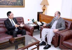 Federal Minister for Commerce, Jam Kamal Khan and Ambassador WADA Mitsuhiro in a meeting to discuss ways to strengthen trade relations and mutual trust between Japan and Pakistan.