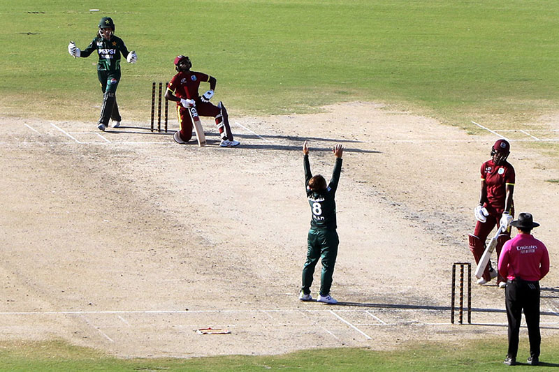 Pakistan Women’s Cricket Team ODIs Captain, Nida Dar celebrates after taking wicket of the West Indies batter Aaliyah Alleyne during 2nd ODI cricket match played between Pakistan Women’s team vs West Indies Women’s cricket team at National Stadium