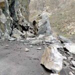 A view of Skardu-Gilgit Road blocked due to heavy rain and land sliding.