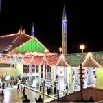 An illuminated view of Faisal Masjid decorated with colourful lights in connection with Shab-e-Qadar on 27th day of Holy fasting month of Ramzanul Mubarak