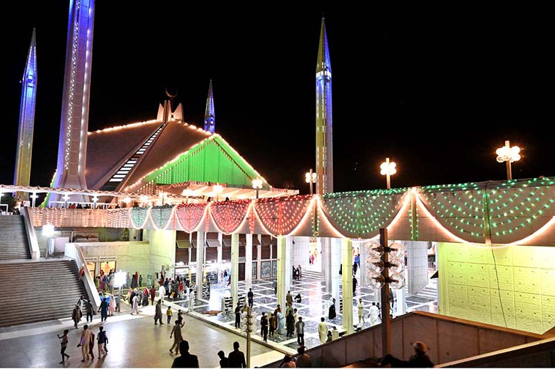 An illuminated view of Faisal Masjid decorated with colourful lights in connection with Shab-e-Qadar on 27th day of Holy fasting month of Ramzanul Mubarak