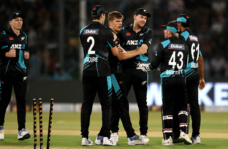 New Zealand Wicker keeper Trim Seifert try to stump the Pakistani batter Fakhar Zaman (not out) during the Fifth Twenty20 International cricket match between Pakistan and New Zealand at the Qaddafi cricket stadium