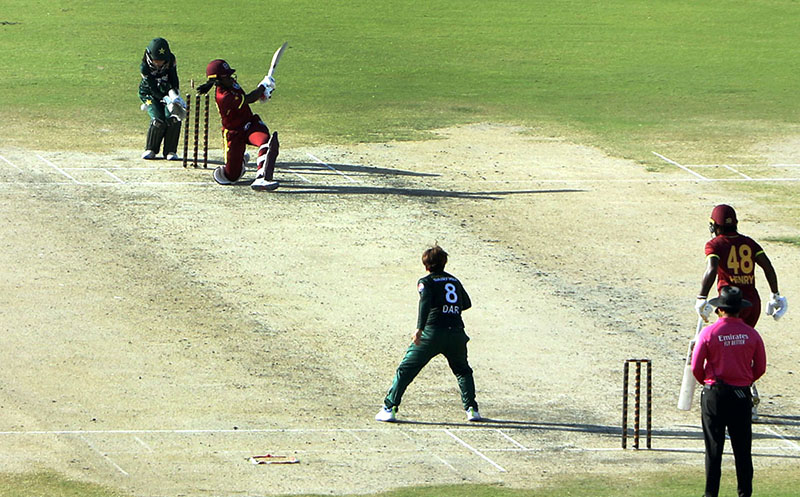 Pakistan Women’s Cricket Team ODIs Captain, Nida Dar celebrates after taking wicket of the West Indies batter Aaliyah Alleyne during 2nd ODI cricket match played between Pakistan Women’s team vs West Indies Women’s cricket team at National Stadium
