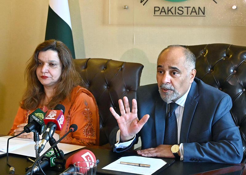 Chairman IPO Pakistan Farukh Amil and Shazia Adnan, Director General (IPO) Pakistan addressing a press conference on curtain raiser of World Intellectual Property Day is celebrated every year on 26 April at IPO Pakistan Headquarters.