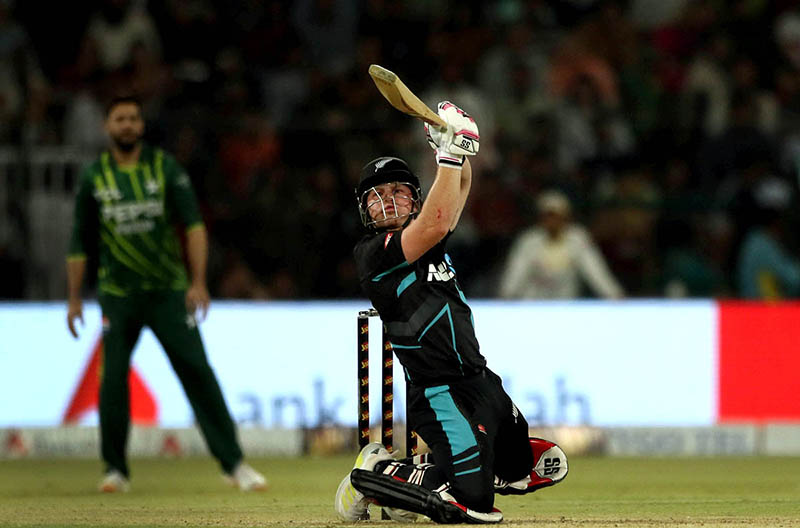 New Zealand batter Tim Seifert plays a shot during the Fifth Twenty20 International cricket match between Pakistan and New Zealand at the Qaddafi cricket stadium