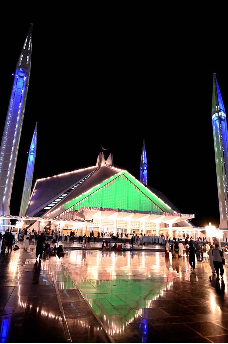 An illuminated view of Faisal Masjid decorated with colourful lights in connection with Shab-e-Qadar on 27th day of Holy fasting month of Ramzanul Mubarak