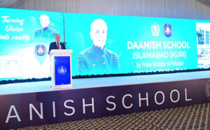 Prime Minister Muhammad Shehbaz Sharif addresses a ceremony at the proposed site of Danish School