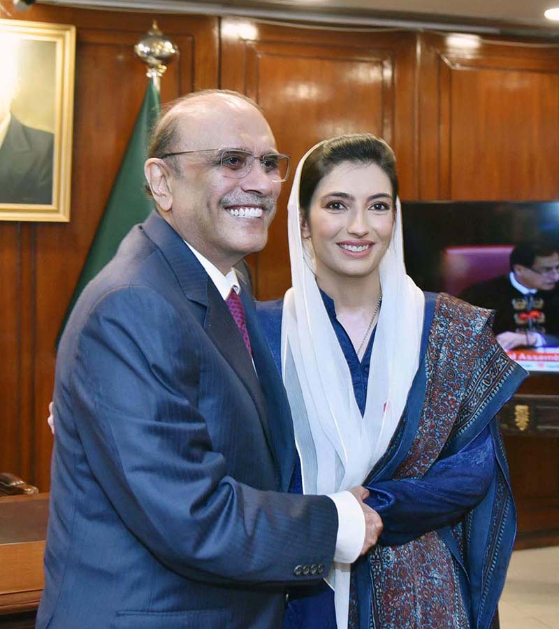 President Asif Ali Zardari greeting Ms. Aseefa Bhutto Zardari on taking oath as Member of the National Assembly.