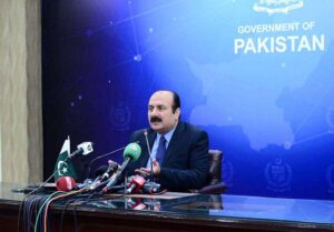 Chairman Prime Minister's Youth Programme Rana Mashhood Ahmad Khan addresses a press conference.