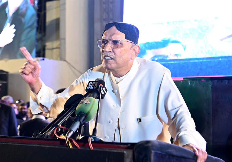 President Asif Ali Zardari addressing to the public gathering on the occasion of 45th Death Anniversary of Shaheed Zulfiqar Ali Bhutto at Garhi Khuda Bakhsh Bhutto