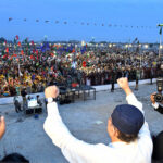 President Asif Ali Zardari and PPP Chairman Bilawal Bhutto Zardari responding to the the workers by waving hands on the occasion of 45th Death Anniversary of Shaheed Zulfiqar Ali Bhutto at Garhi Khuda Bakhsh Bhutto.