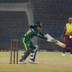 Pakistan’s batter play a shot during first T20I match between Pakistan Women’s Cricket Team and West Indies Women’s Cricket Team at National Bank Stadium
