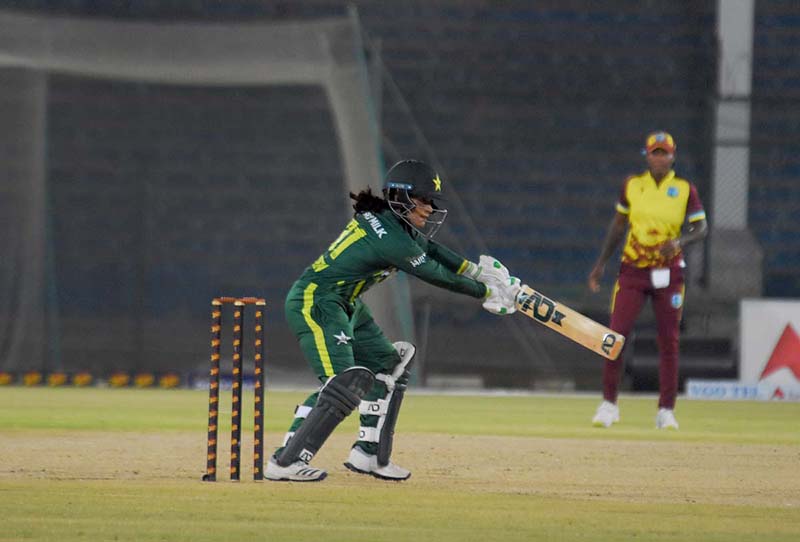 Pakistan’s batter play a shot during first T20I match between Pakistan Women’s Cricket Team and West Indies Women’s Cricket Team at National Bank Stadium