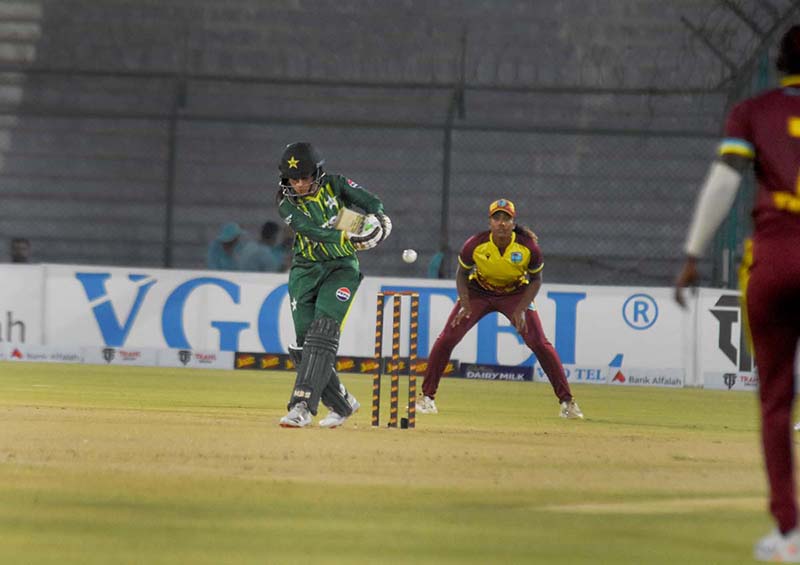 Pakistan’s batter play a shot during first T20I match between Pakistan Women’s Cricket Team and West Indies Women’s Cricket Team at National Bank Stadium
