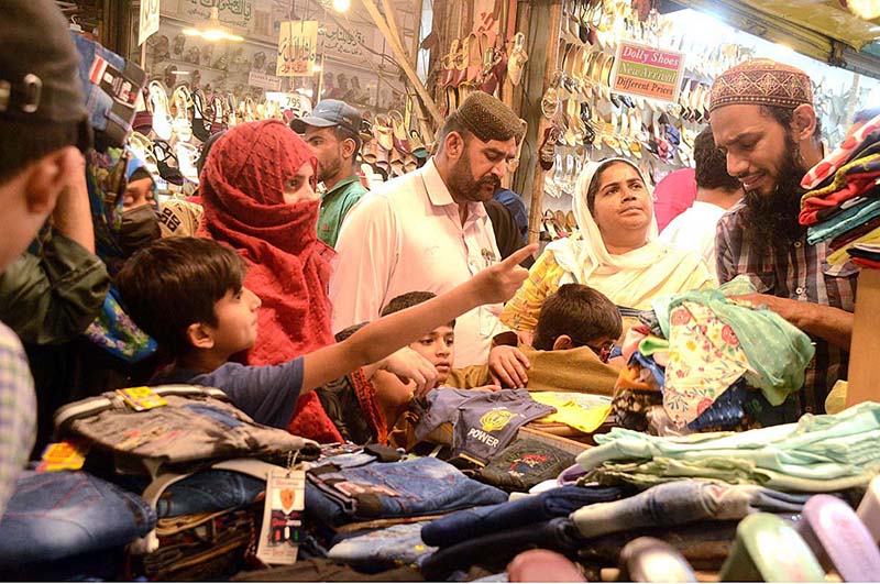 Families busy in shopping at Banu Bazar Anarkali ahead of Eidul Fitr.