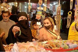 Families busy in shopping at Banu Bazar Anarkali ahead of Eidul Fitr.
